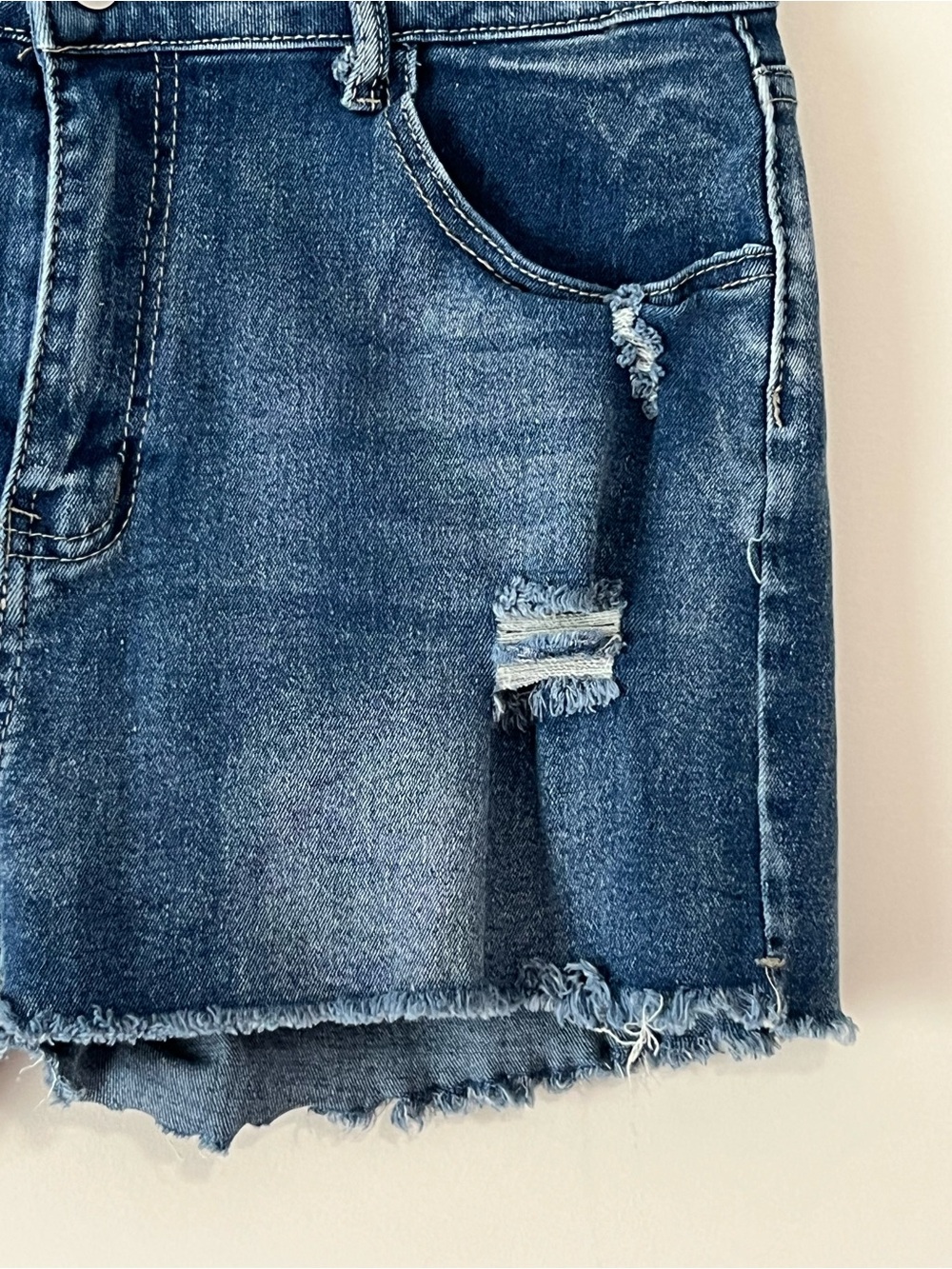 Stretch Denim Distressed Women’s Shorts - Dark Blue Wash - Picture 3 of 5